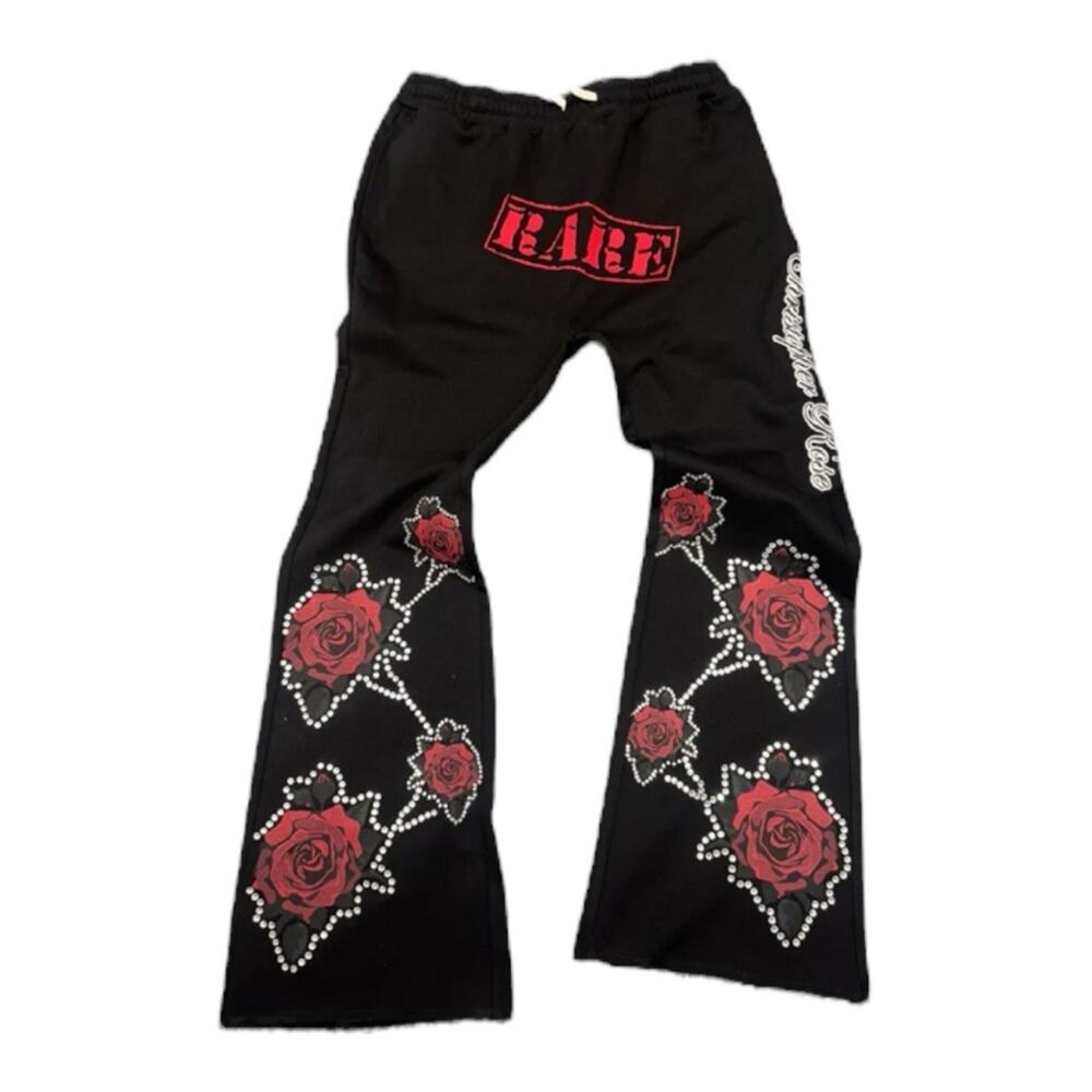 Christopher Rose Dream Rose Embellished Black Sweatpants Size Medium Rhinestones